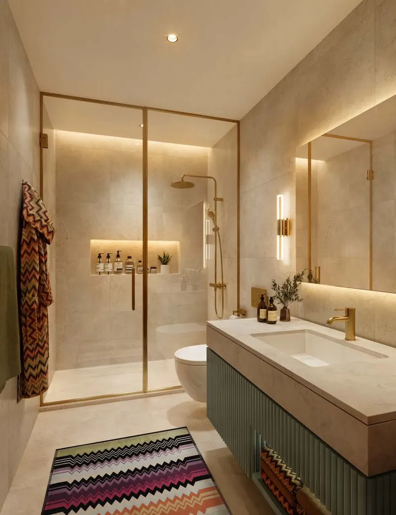 Bathroom with a Missoni zigzag rug and warm ivory porcelain
