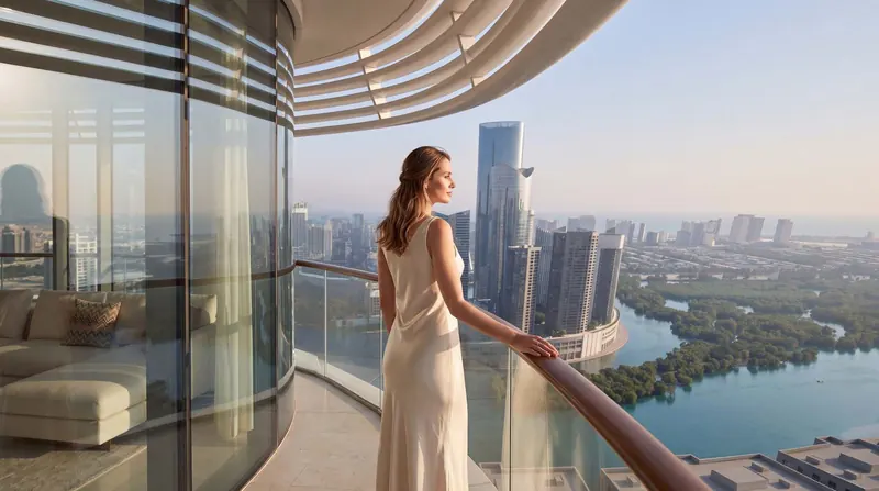A resident on a high balcony looking across the city and mangroves